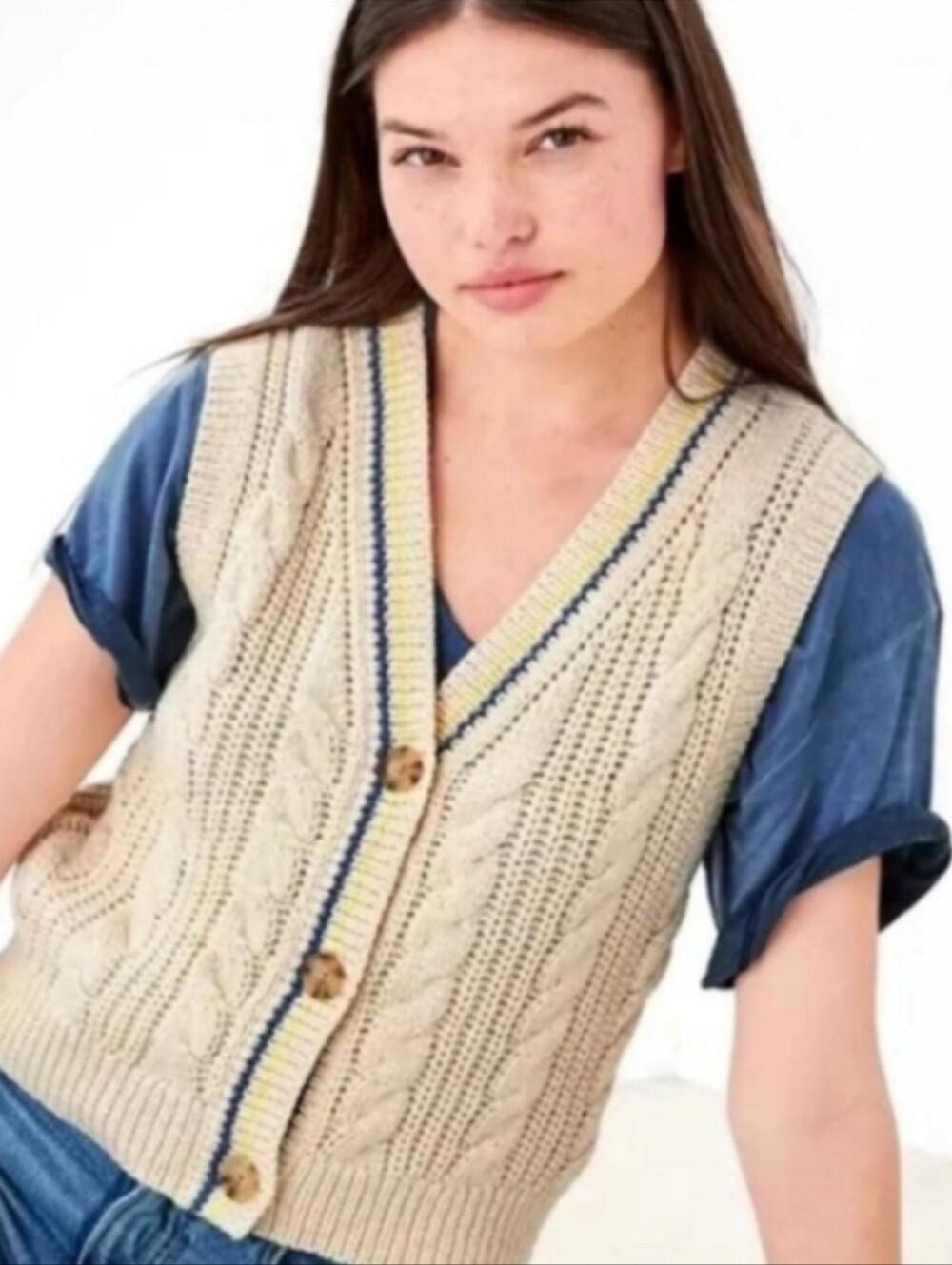 American Eagle Cable Knit Button Front Sweater Vest Cream XS Cottage Preppy